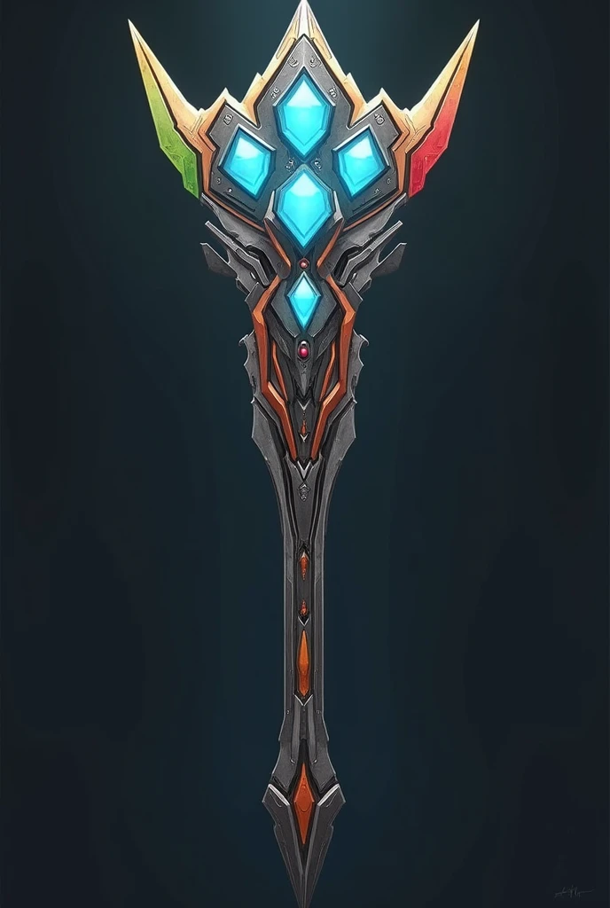A Transformers style scepter with 5 small blue gems, red, green, orange and white
