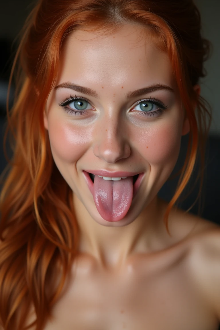 portrait of face, ((((supermodel face)))), redhead, long ponytail, dark blue eyes, , [lips slightly parted to reveal perfect teeth and tongue out], smiling , ultra high quality, very detailed (skin pores, blemishes, tiny freckles) , (cum on mouth), very realistic 4k professional picture, (((barefaced)))