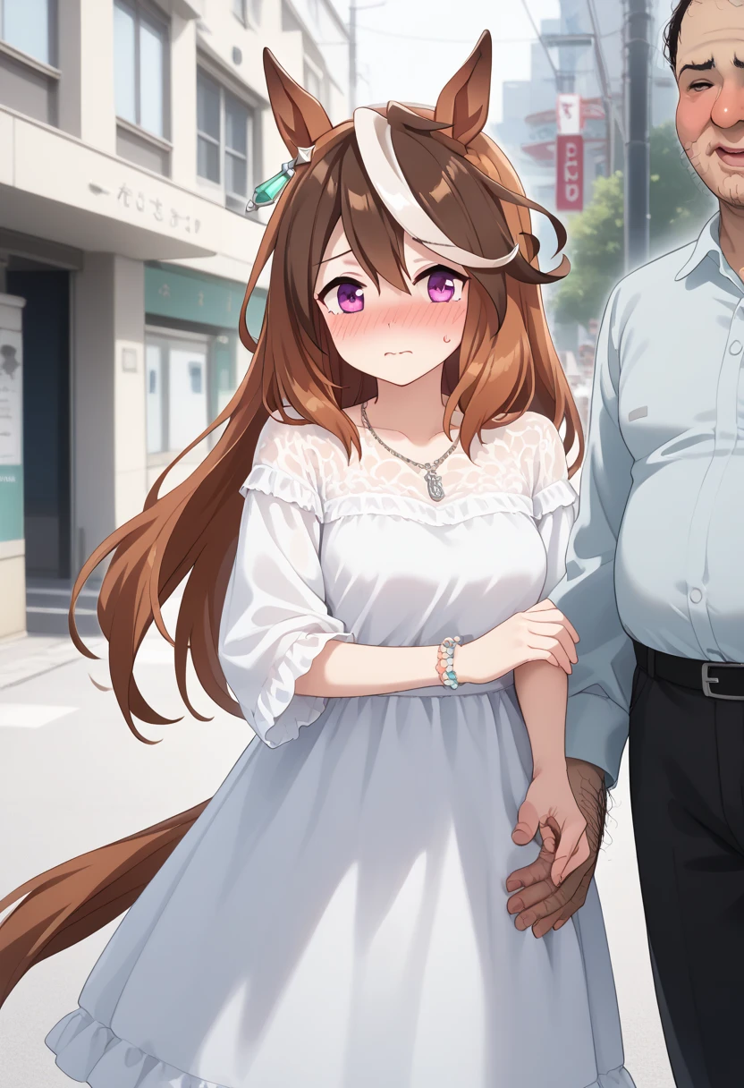 (((1girl,1boy))),umamusume(symbolirudolf),Brown hair,long hair,animal ears,streaked hair,horse tail,blush,(((embarrassed))),break(((Fat middle-aged man,hairy man))),Couple holding hands,A couple of students hold hands on a lovehotel street or in a park, Expressing attachment and love forever.