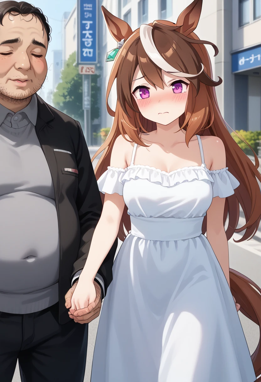 (((1girl,1boy))),umamusume(symbolirudolf),Brown hair,long hair,animal ears,streaked hair,horse tail,blush,(((embarrassed))),break(((Fat middle-aged man,hairy man))),Couple holding hands,A couple of students hold hands on a lovehotel street or in a park, Expressing attachment and love forever.