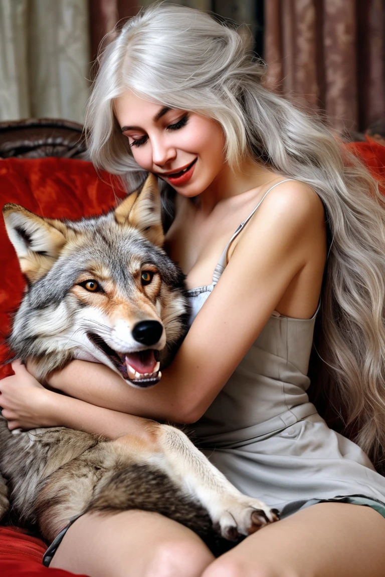 (: The wolf and the fox :) realistic picture::two characters in the frame,  wolf and fox The girl with a red fluffy tail  :, :( Huge anisotropic wolf ,  light gray hair thin build ),  on the wolf's neck with a bib ,  sits on the sofa with its paws apart , with his spread paws, he spread the fox's legs to the sides, on his face with an open mouth with an angry grin, he licks the girl's face: : on the wolf's knees is a very skinny fox girl with protruding ribs snail, hands tied, lush hair on the labia :, :  is lying on the wolf's knees , paws hang , small,  chubby belly, drooling is flowing down the girl's chest, the girl's whole face is dirty in leftover food,  girl crying, a grimace of fear on his face :. : , the wolf holds the girl's ass from the bottom with one paw, putting his hand into the girl's anus, tightens the girl's anus and vagina a lot , He put his other paw on top of his stomach, grabbing the girl's labia with his fingers, pulling them firmly to the sides, tearing the crotch with his claws. The girl's ass is scratched with her claws.