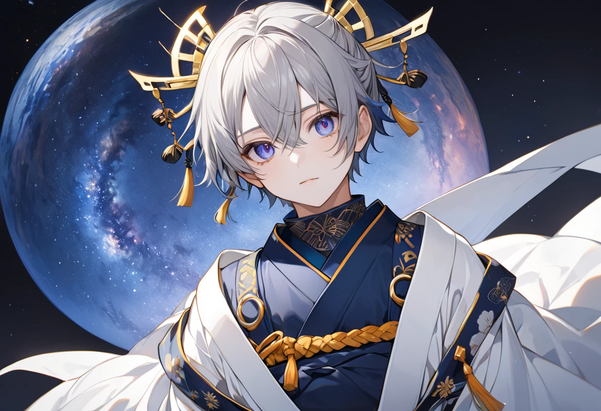  fresh illustration ,
Superfine painting,
 very delicate illustration ,
 Very fine details ,
Picture of only one boy ,
Height: 158cm,
 white skin,
The right eye is purple and the left eye is blue iris heterochromia ,
 beautiful eyes,
 large black pupils ,
 short hair with shadows,
Gray Hair,
 hair roots are bluish ,
 hair has gradation ,
 shiny hair with makeup,
 cute faces ,
 pretty face
There is a shiny rear wheel on the back of the head ,
 raised eyebrows ,
 and her upper body is wearing a kimono in kimono,
Masculine physique,
 six pack,
Super small breasts,
No boobs,
 lower body Nadres ,
The color of the belt is black ,
Overall white clothes ,
 tasteful embroidery with gold thread ,
 fine fabric clothing ,
Isometric,
Golden Ratio,
god々 like atmosphere,
 wearing blue colored padded collar innerwear ,
 outer space ,
Milky Way,
Little Star々 upper body ,
 tactical use of shadows ,
 don't let head rings or hair stick out from the angle of view,
 clothes don't stick out of angle of view ,
 body orientation is symmetrical ,
Clothes are symmetrical,
 upright immobile,
 with little pubic hair,
 Bust Shots,