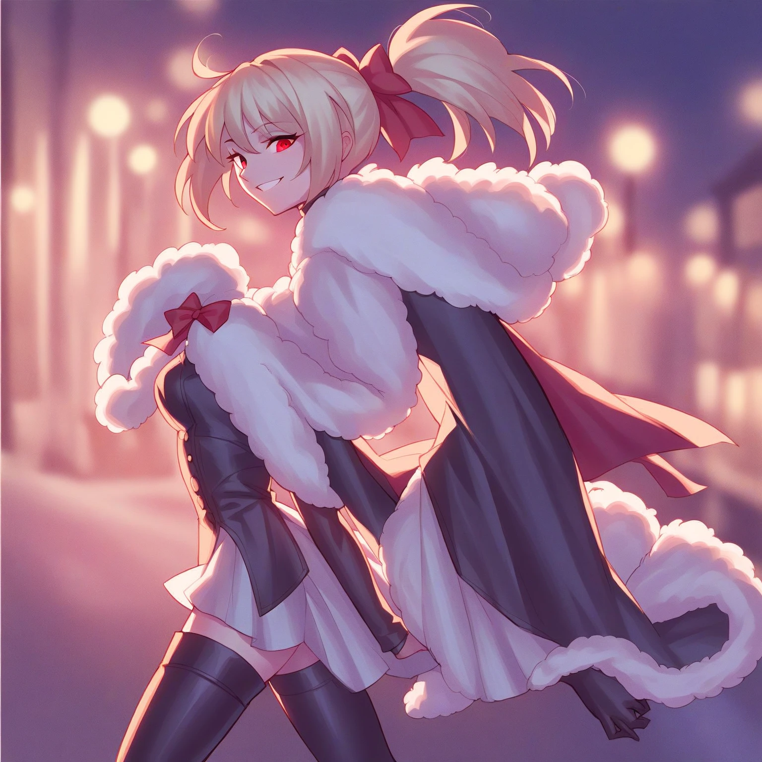 arcdate, 1girl, solo, red eyes, coat, thigh boots, capelet, bow, looking at viewer, outdoors, from side, night, street, smile