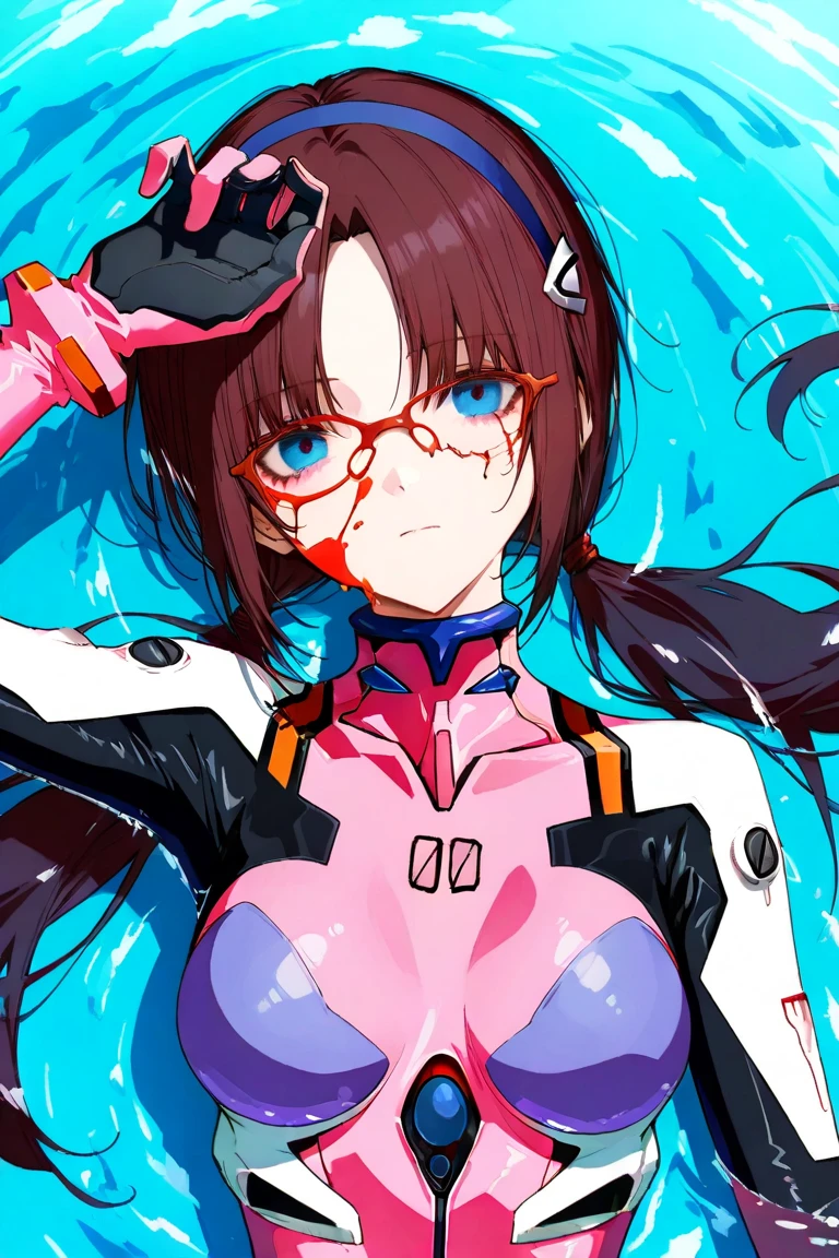 1 Girl,Mari Illustrious Makinami_Neon Genesis Evangelion,long hair,brown hair,twintails,(low twintails:1.5),hairband,blue hairband,blue eyes,(parted bangs:1.5)
,BREAK bodysuit,red-framed eyewear,pilot suit,plugsuit,pink bodysuit
,BREAK expressionless,broken eyewear,hand on forehead,face focus,blood on face
,BREAK masterpiece,best quality,amazing quality,very aesthetic,absurdres,by wanke,748cmstyle
,BREAK partially submerged,from above