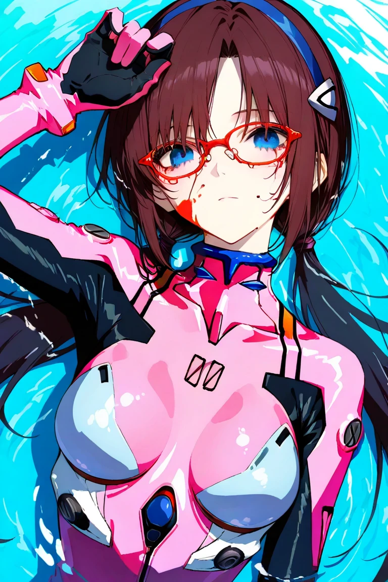 1 Girl,Mari Illustrious Makinami_Neon Genesis Evangelion,long hair,brown hair,twintails,(low twintails:1.5),hairband,blue hairband,blue eyes,(parted bangs:1.5)
,BREAK bodysuit,red-framed eyewear,pilot suit,plugsuit,pink bodysuit
,BREAK expressionless,broken eyewear,hand on forehead,face focus,blood on face
,BREAK masterpiece,best quality,amazing quality,very aesthetic,absurdres,by wanke,748cmstyle
,BREAK partially submerged,from above