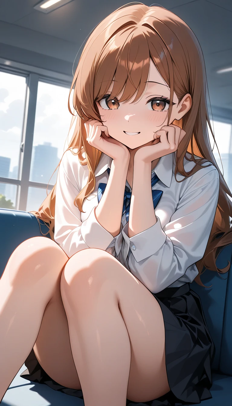 irohaisshiki, iroha isshiki, long hair, brown hair, (brown eyes:1.5), smile,smile,T-shirt,shorts,Sheer long cardigan Front open,barefoot,sitting on the sofa,window building street,Sunlight shining through the gaps in the building,morning,sunrise,sitting in a chair,
break indoors, indoor,
break looking at viewer,
break (masterpiece:1.2), highest quality, High resolution, unity 8k wallpaper, (shape:0.8), (fine and beautiful eyes:1.6), highly detailed face, perfect lighting, Very detailed CG, (perfect hands, perfect anatomy),