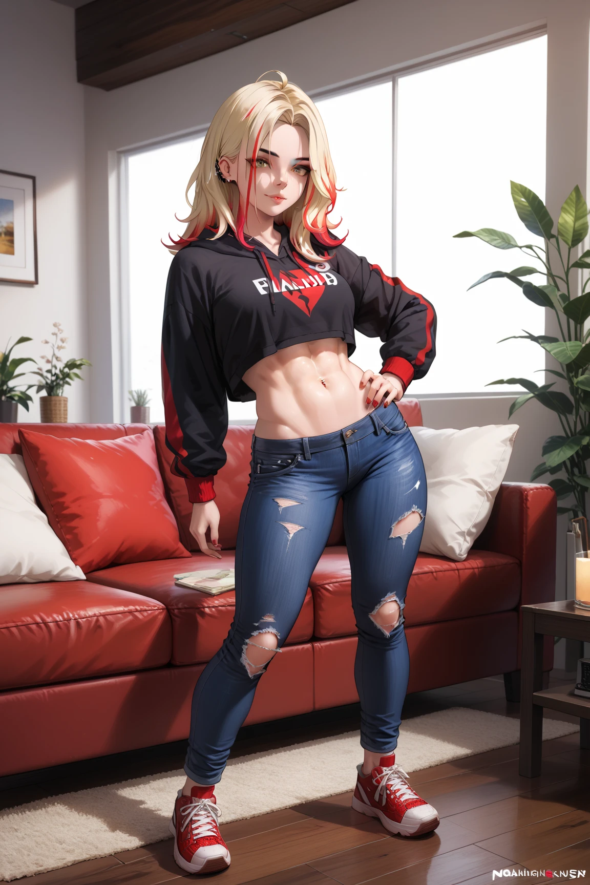 1girl, multicolored_hair, blond_hair,(blond_hair: 1.2), (red_hair_highlights: 1.5), piercing_amber_eyes, wearing_a_cropped_black_hoodie_with_flame_logo, toned_abs_visible, ripped_jeans, sneakers, standing_in_a_dorm_room_with_scattered_bags_and_laptops, casual_pose_with_one_hand_on_hip,leaning_against_back_of_couch, masterpiece, 4K, perfect_face