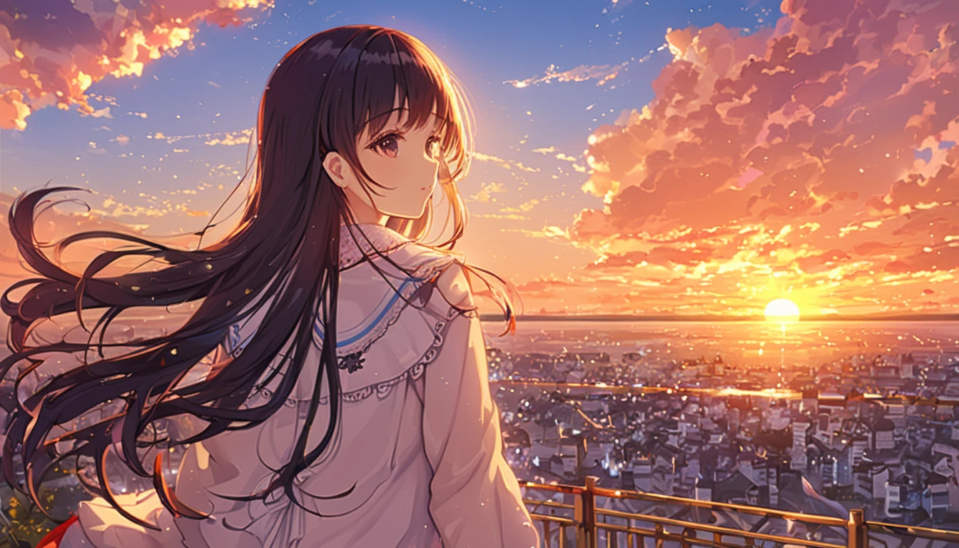 ( top quality 、masterpiece、 high res、 Details)、 girl、 sunset sky