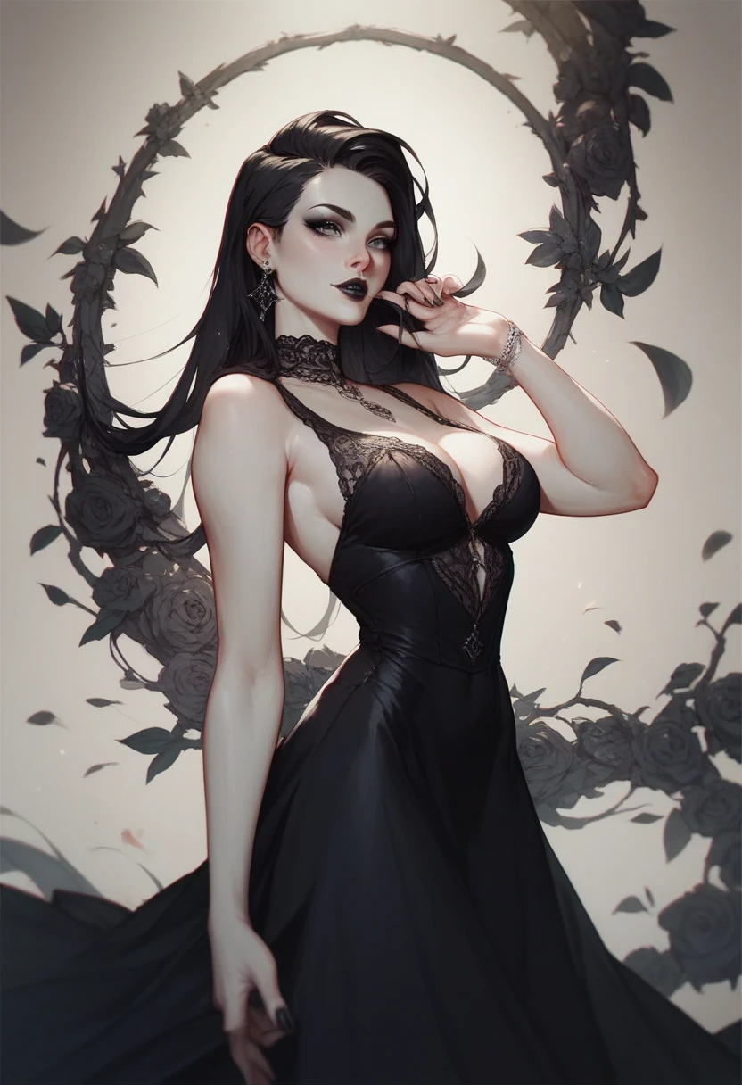 realism; black lace dress; gothic; straight hair; long black hair; beautiful eyes; beautiful, red lips; brown eyes; background with fog and violet flowers