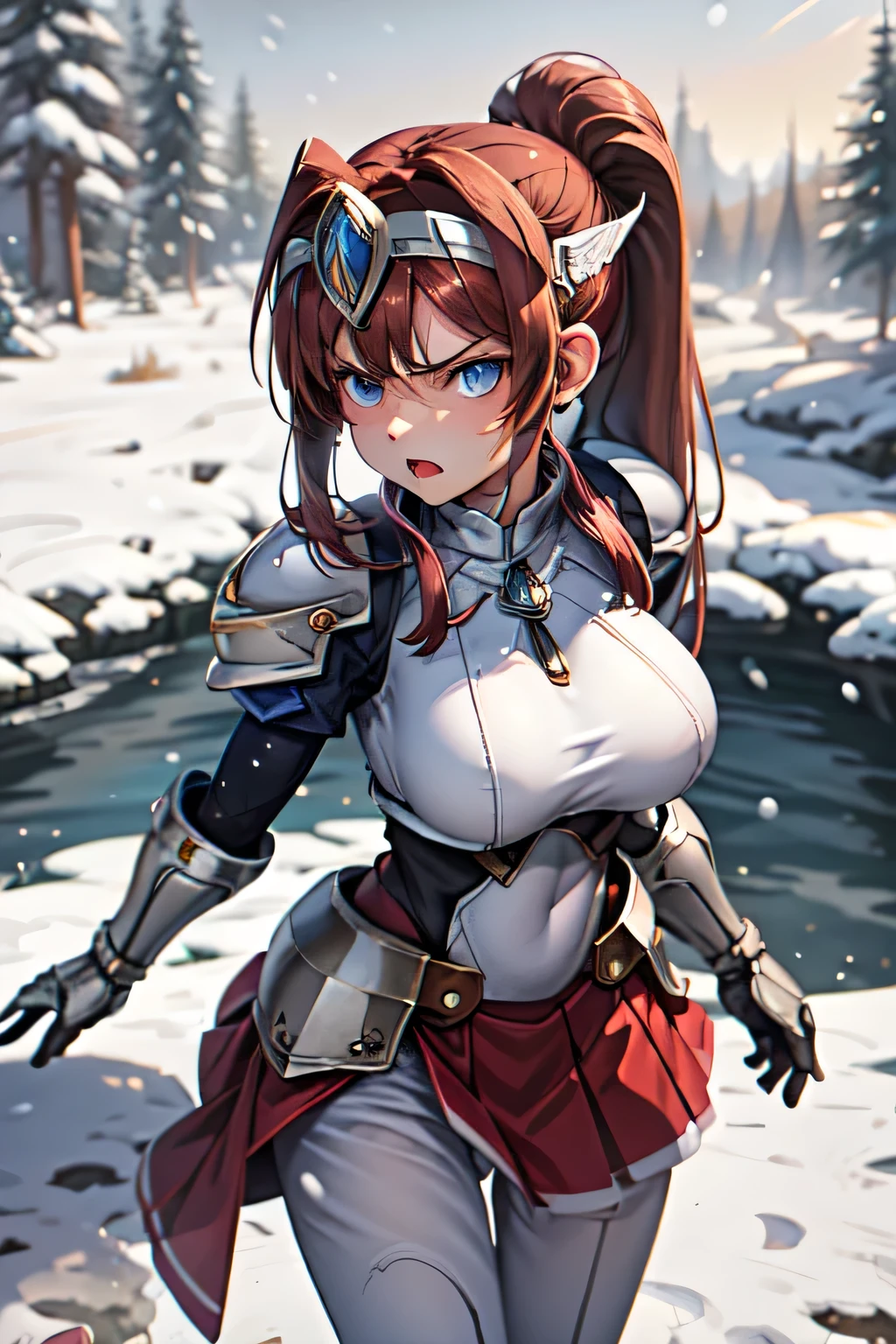 Ines the Stout_Sen no Kiseki 3,silky red hair, bun, blue eyes, white skin, white armor, black undersuit, black stockings, white elbow gloves, giant breasts,best quality, (masterpiece:1.2), illustration, absurdres,
(1girl, solo), (beautiful detailed girl), Ines, red hair, long hair, ponytail, blue eyes, armored_dress, winged visor, wing ornament,tight bodysuit, black_bodysuit, pantyhose, red skirt, red waistcloak,matural woman, angry face
proud, calm, confident, looking at viewer,
in snowy village, falling snow, particles, crisp winter morning, breathing out steam, snowy pine trees and frozen river,