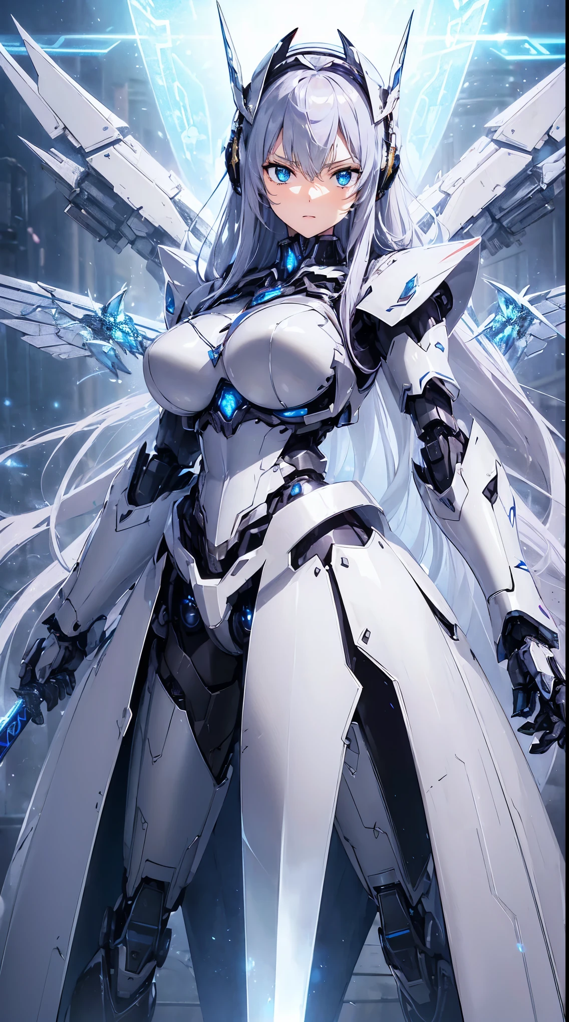 (masterpiece, 4K resolution, Surreal, Very detailed), (White Costume Superhero Theme, Attractive, Girl on top of the city, Wearing White Knight costume, Superwoman), [((23 years old), (Long white hair:1.2), whole body, (blue eyes:1.2), (Dynamic poses) ((Gritty urban environment):0.8)| (city View, at night, Dynamic lighting), (Full Moon))]