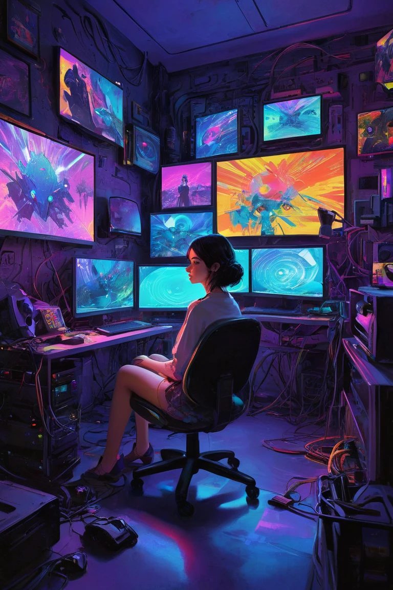  Woman Sitting on a Chair in Her Room Full of Monitors on the Wall , Her Teenage Room Filled with Computer Monitors Without Gaps,Decorative Space Paintings   , Gameplay screenshots  ,   colorful dystopian futurism,   Retrofuturistic Digital Painting, Fantastic anime  ,  ビデオ  game screenshot ,   detailed pictures of virtual worlds  ,    Colorful in Futuristic Hues   ,   Promotional Art  ,   game screenshot ,  neon color