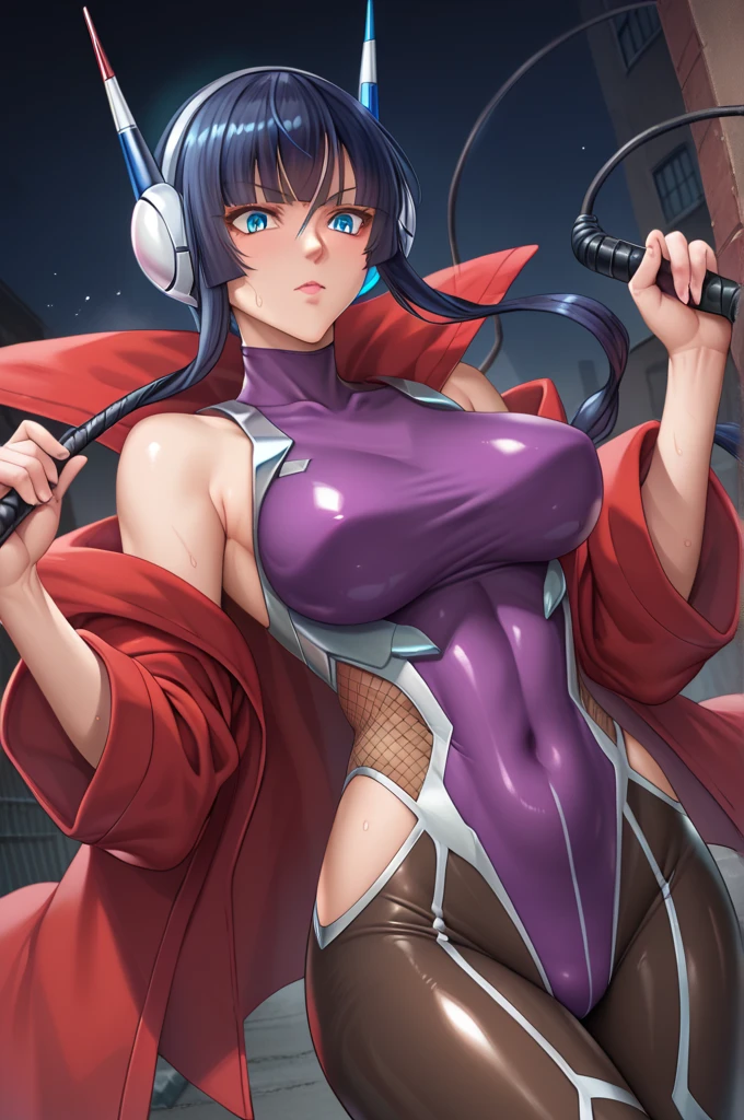  interruption source _Anime, viewers sweat a lot, 1 girl, bangs, underbust,  THIG-LENGTH SOCKS,large breasts, (taimanin suit), (two breast), , dark alleyナイトシティ,  taimanin suit, body suit, beautiful detailed eyes, ガニ股, latex, leotard, SM , whip, elesa (Pokemon)