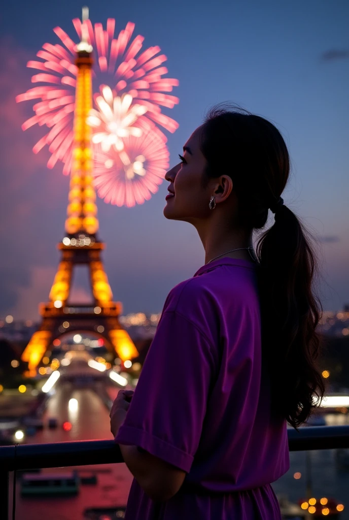 (best quality,highres:1.2),ultra-detailed,realistic,landscape,Happy new year ambientation,sexy girl,short hair,nighthawt,eiffel tower in the background,lit up. Fireworks lighting up the night sky. The girl is wearing a miniskirt, displaying her ample bosom and a deep cleavage. Her beautiful smile shines in the glow of the lights.