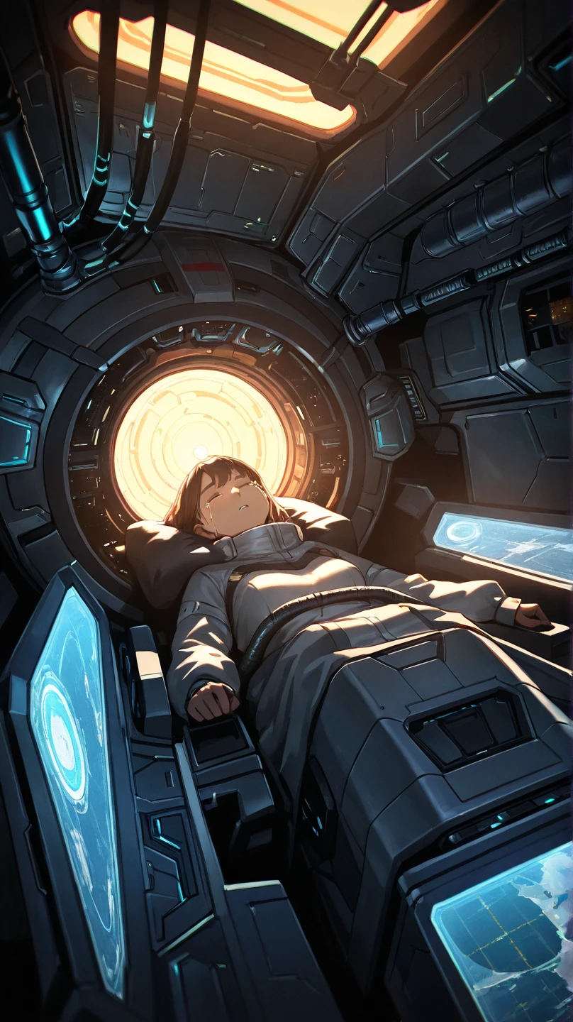 an unconscious woman, sleeping, tears, tube, spaceship cockpit, futuristic, dramatic lighting, close up