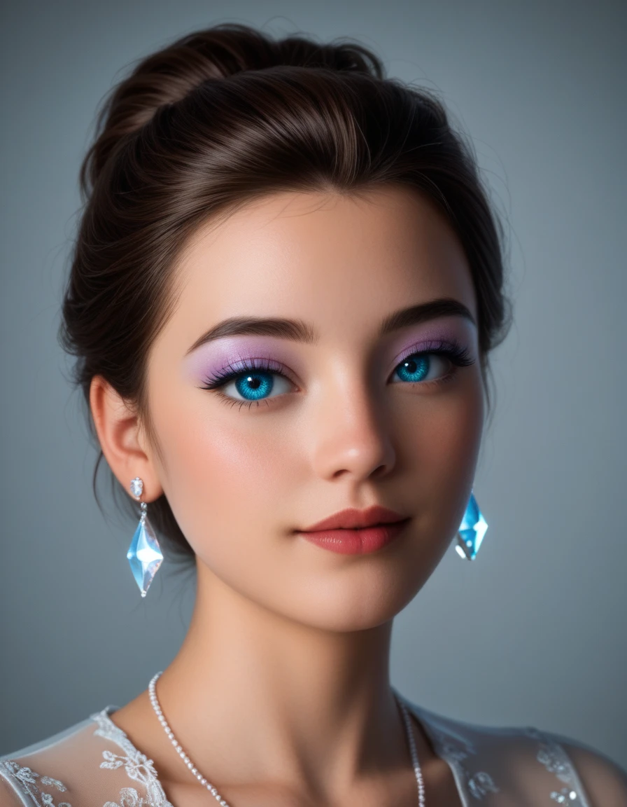 (masterpiece:1.2), (best quality:1.2), award winning photo, 8k, uhd, dslr, Photograph, professional essay, (full body shot:1.2), realistic beautiful detailed Disney Princess Belle or Elsa, all furry, unshaved, {Intricately detailed face, rosy cheeks with a touch of realism (((subtle hints of acne))), (microscopic skin details), (subtle skin pores:1.2), (light freckles:0.8), (translucent skin:1.1), small and refined chin, dainty lips wearing (((light blue lipstick:0.9))), (((luminous light-colored eyes, enhanced with a delicate beige eyeshadow)))}, wearing exquisite, detailed Tiffany & Co.-style earrings, featuring delicate sterling silver settings with pave-set diamonds and a delicate aquamarine gemstone accent, wearing detailed clothing, detailed fur, fine details, hyperrealistic, 3d render, soft shadows, rim lighting, backlighting, volumetric lighting, global illumination, vibrant colors, elegant, graceful pose, intricate details, photorealistic, sharp focus. The subject is (symmetrical:1.2), (centered:1.2) positioned in front of a plain, gradient background, bokeh, shallow depth of field in a complementary, muted color like (soft lavender:1.3).