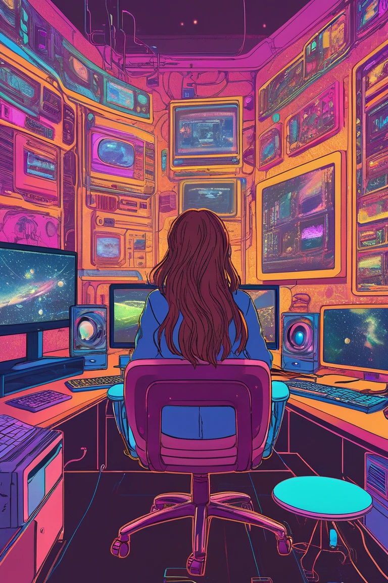  Woman Sitting on a Chair in Her Room Full of Monitors on the Wall , Her Teenage Room Filled with Computer Monitors Without Gaps,Decorative Space Paintings   , Gameplay screenshots  ,   colorful dystopian futurism,   Retrofuturistic Digital Painting, Fantastic anime  ,  ビデオ  game screenshot ,   detailed pictures of virtual worlds  ,    Colorful in Futuristic Hues   ,   Promotional Art  ,   game screenshot ,  neon color