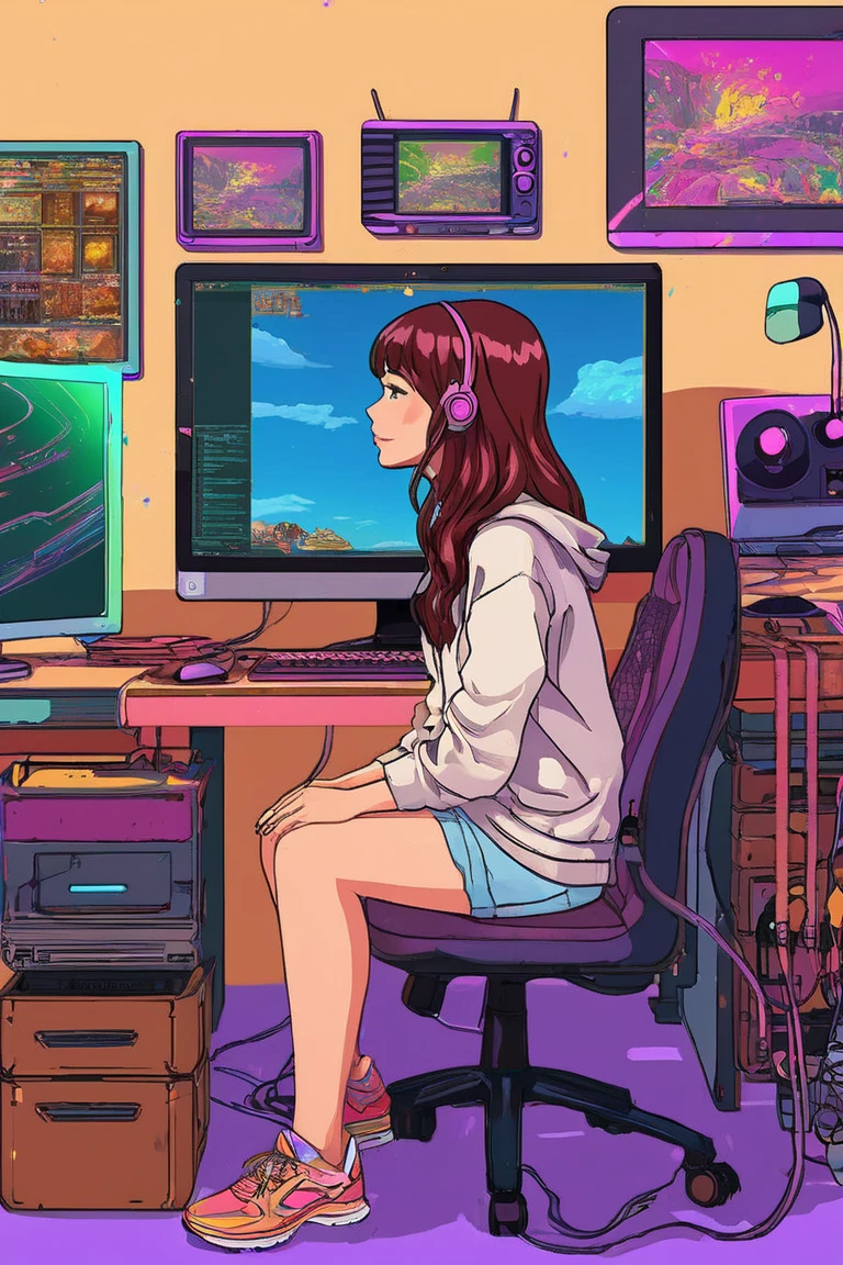  Woman Sitting on a Chair in Her Room Full of Monitors on the Wall , Her Teenage Room Filled with Computer Monitors Without Gaps,Decorative Space Paintings   , Gameplay screenshots  ,   colorful dystopian futurism,   Retrofuturistic Digital Painting, Fantastic anime  ,  ビデオ  game screenshot ,   detailed pictures of virtual worlds  ,    Colorful in Futuristic Hues   ,   Promotional Art  ,   game screenshot ,  neon color