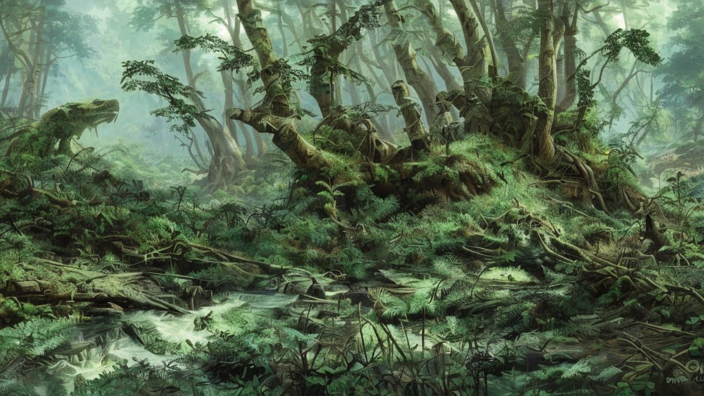 paleozoic aestethics, paleoart, realistic, ancient fern jungle, carboniferrous alien jungle