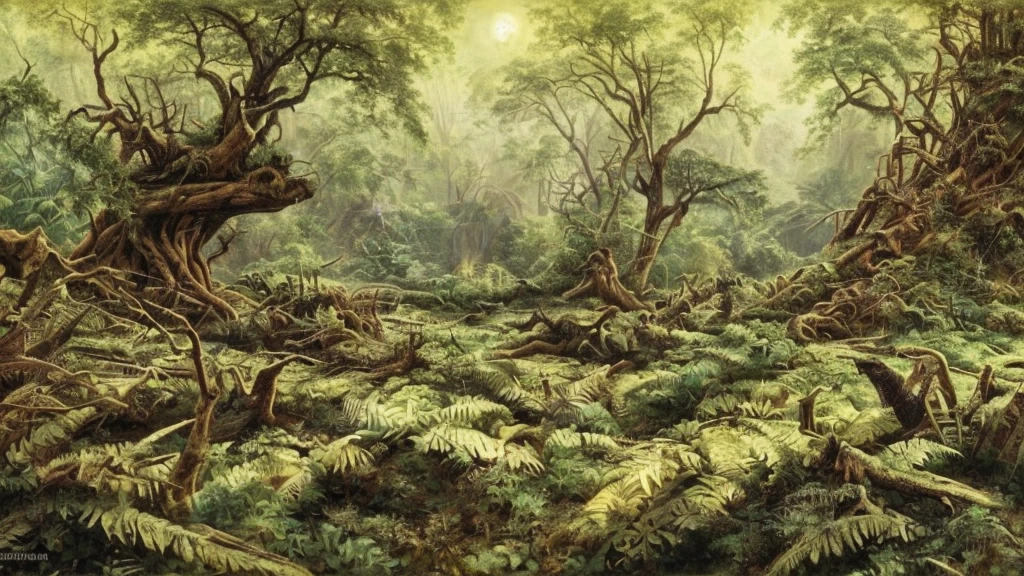 paleozoic aestethics, paleoart, realistic, ancient fern jungle, carboniferrous alien jungle