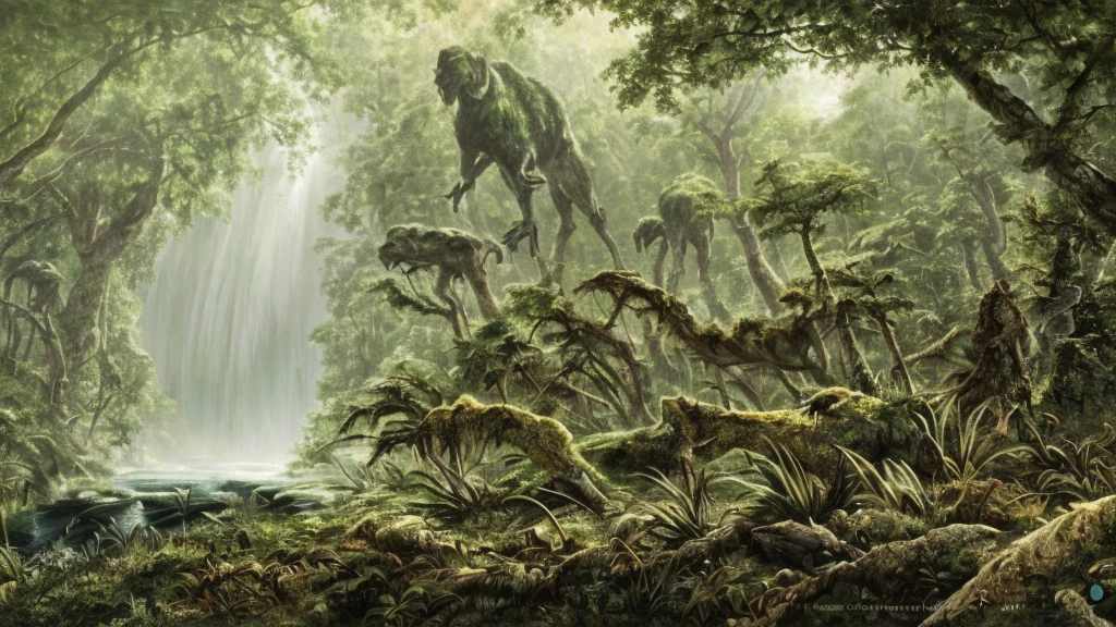 paleozoic aestethics, paleoart, realistic, ancient fern jungle, carboniferrous alien jungle