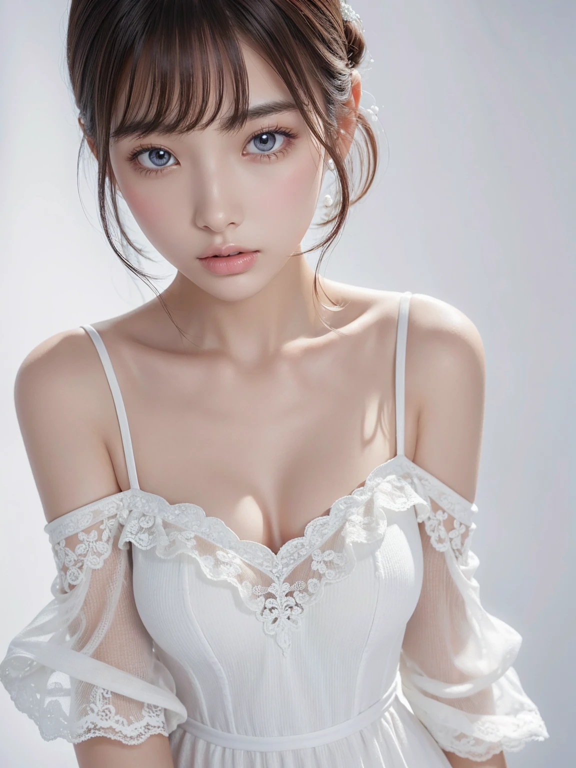 (best quality,photorealistic,8K,high resolution,full color,1 girl,female,15 years old,focused eyes,beautiful detailed face,flawless skin,porcelain white,looking at the viewer:1.8,1 girl's eyes looking at the viewer:1.55)