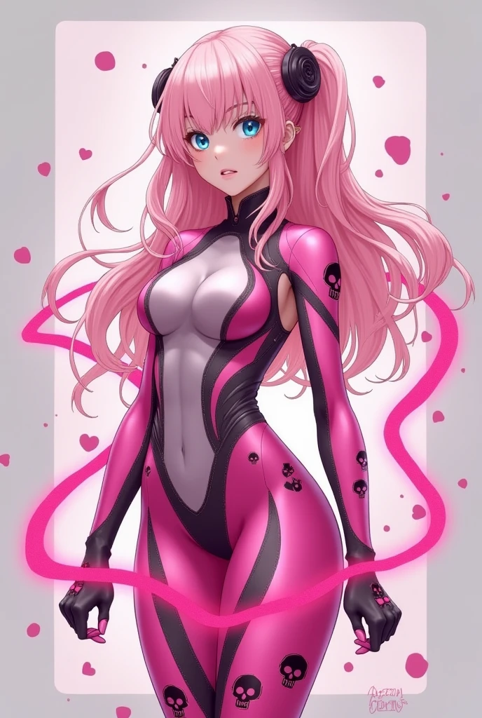 1girl,Samus aran,solo,green eyes, pink hair, medium breasts, (white, shiny, latex, catsuit:1.3), (rubber:1.3), (neon, pink, accents:1.2), (thick, stripes:1.2), (over-the-knee, pink, lined, latex, boots:1.2), (platform, stiletto, heels:1.1), (matching, pink, choker:1.1), (body-hugging, silhouette:1.1), (sleek, trim, details:1.1), BRAKE, (cowboy shot:1.1), (short, pink, hair:1.1), (smiling, open mouth:1.1), (face, turned, slightly:1.1), (body, angled:1.1), (hand, on hip:1.1), (touching, hair:1.1), (white, grey, background:1.1), (dramatic, lighting:1.1)

