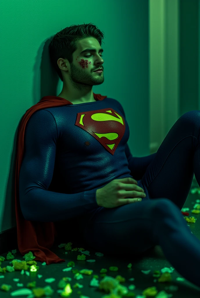 Cody Christian dressed in a blue Superman costume, sitting against a wall in a dimly lit room. The lighting is predominantly green, casting an eerie glow over the scene. The man has a muscular build. His facial expression is one of exhaustion and pain, with visible cuts and bruises on his face. The costume is a deep blue with a red and yellow 'S' emblem prominently displayed on the chest, and a red cape draped behind him. The floor and surrounding area are covered in green, crystal-like fragments, suggesting a scene of destruction or aftermath. The overall mood is tense and somber, with a focus on the character's vulnerability and strength.