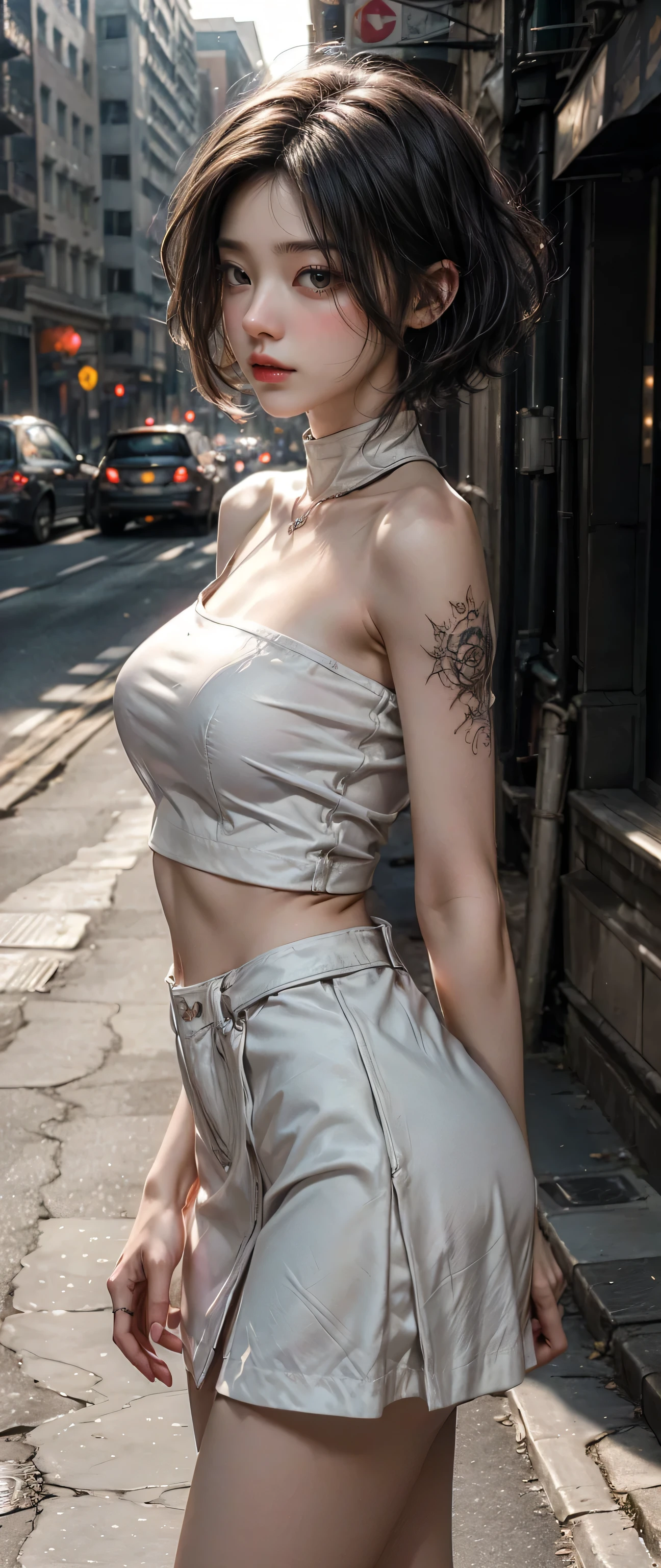 a woman, bangs, white hair, tattooed body, open neckline, is showing her private part, has four arms, holds four white lightsabers, wears a black kimono, wears a black military belt, she is on an urban street