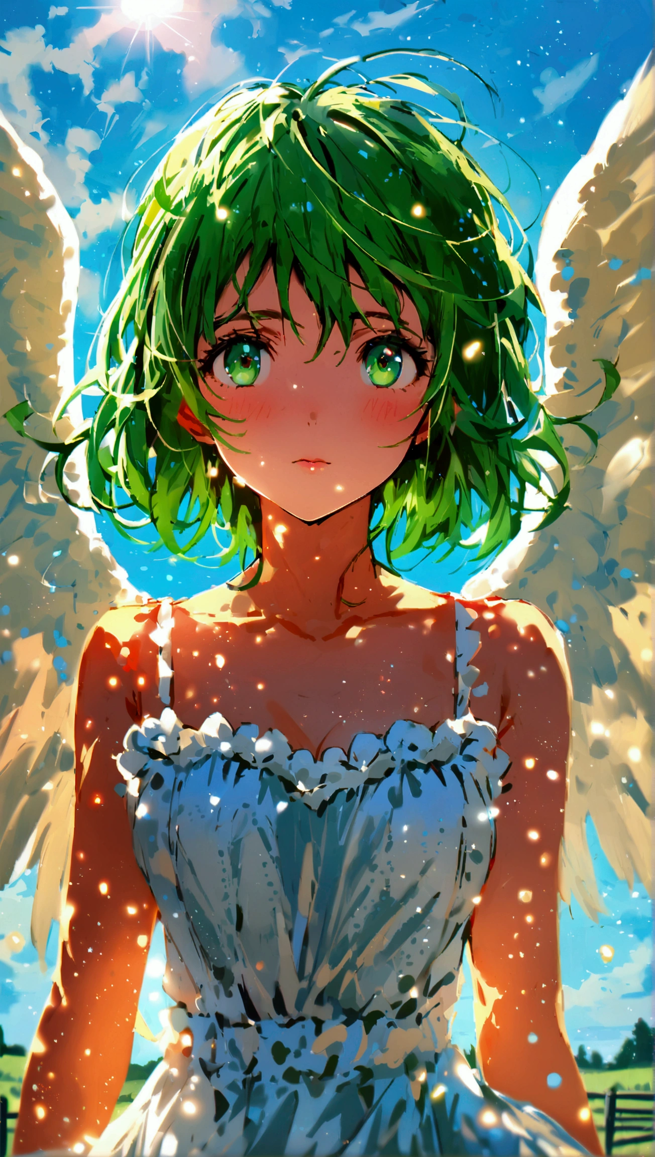 Mana Kirishima, green eyes, perfect eyes, hand perfect, Angel,  Angel Wings Looking at the spectator , rising to the blue sky ,  against the background of a mild day in the countryside.  high resolution.