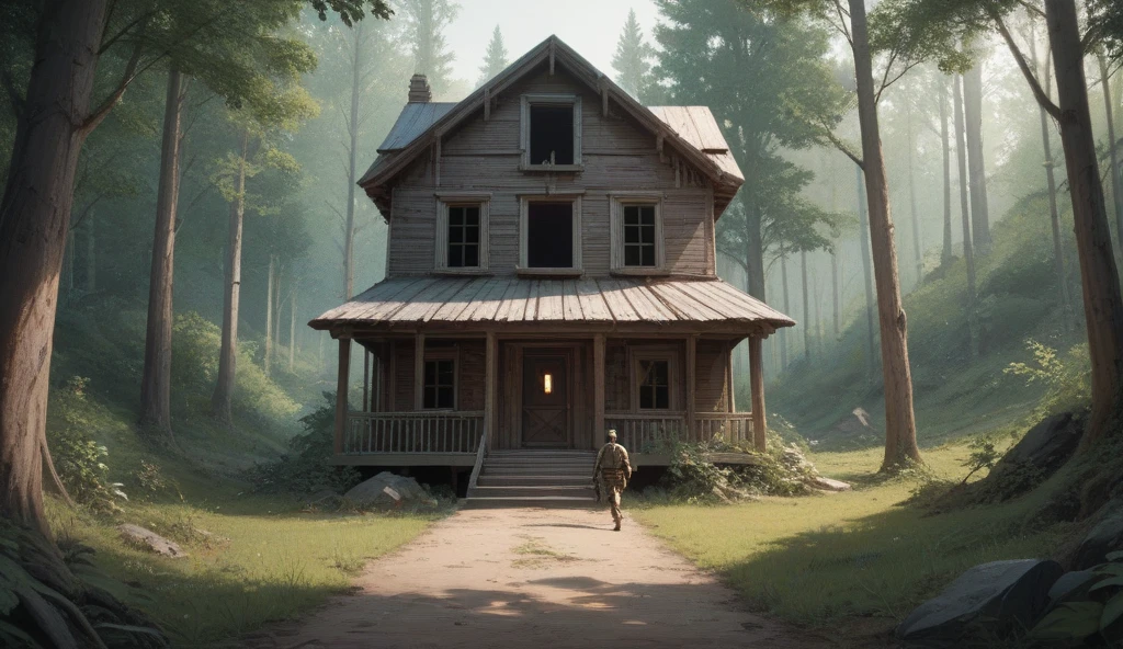 walking towards an abandoned house in the middle of the forest, Is he armed