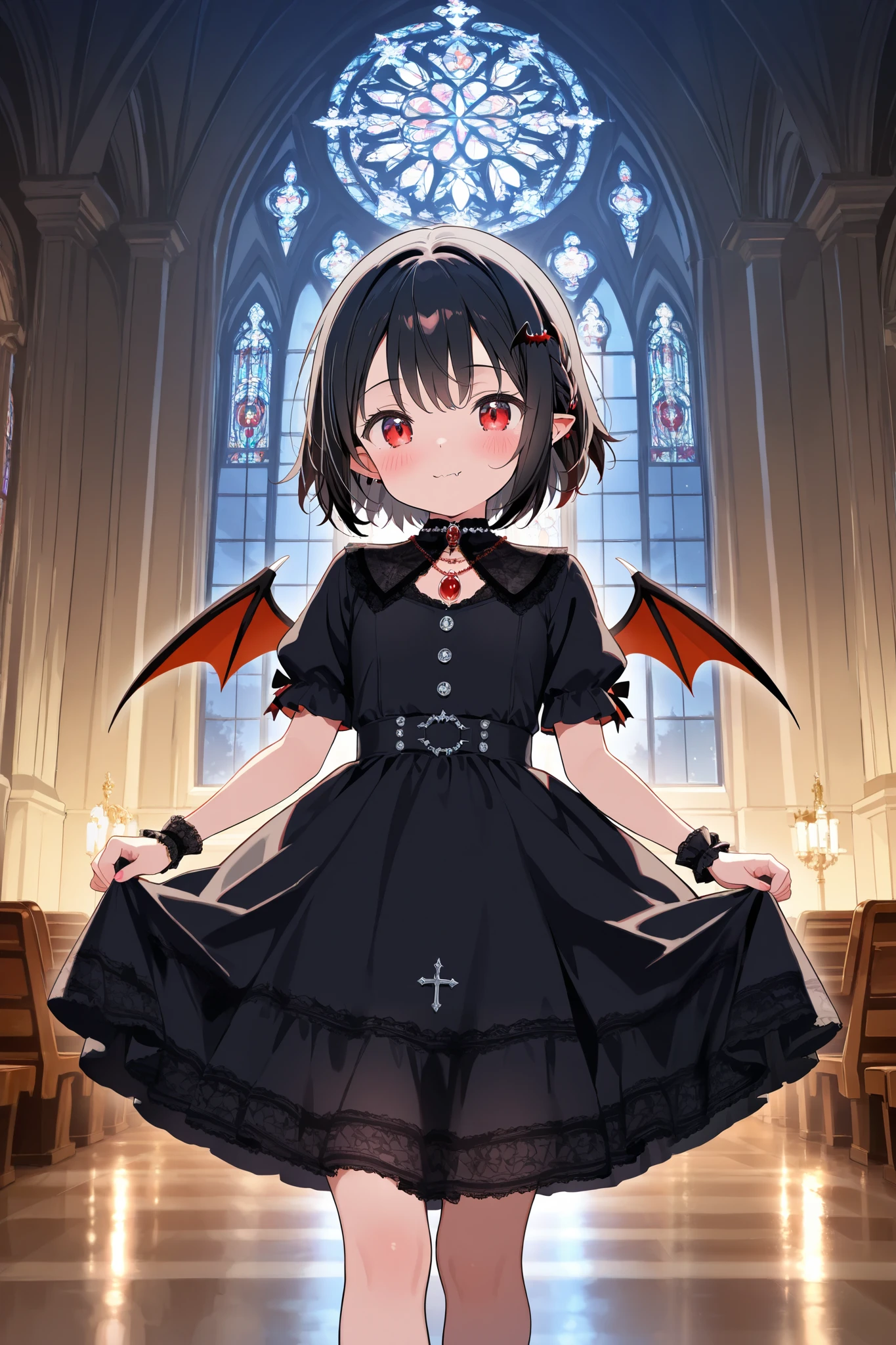 (A cute vampire girl:1.3) with (short black hair) and red eyes, (intricate details), gothic aesthetic, ruby necklace, adorable black fashionable dress, glass window in a catholic church, amazing background, night view, masterpiece, best quality, high resolution images