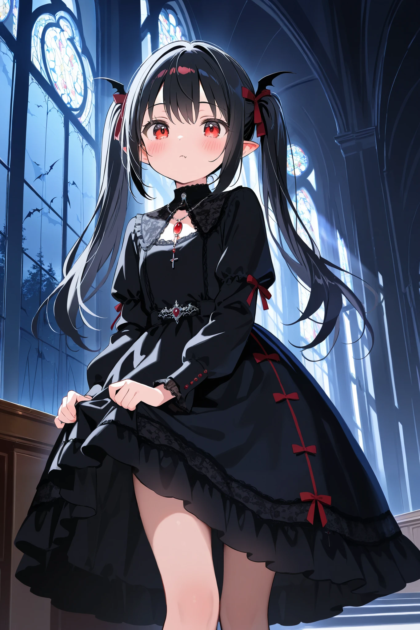 (A cute vampire girl:1.3) with (short black hair) and red eyes, (intricate details), gothic aesthetic, ruby necklace, adorable black fashionable dress, glass window in a catholic church, amazing background, night view, masterpiece, best quality, high resolution images