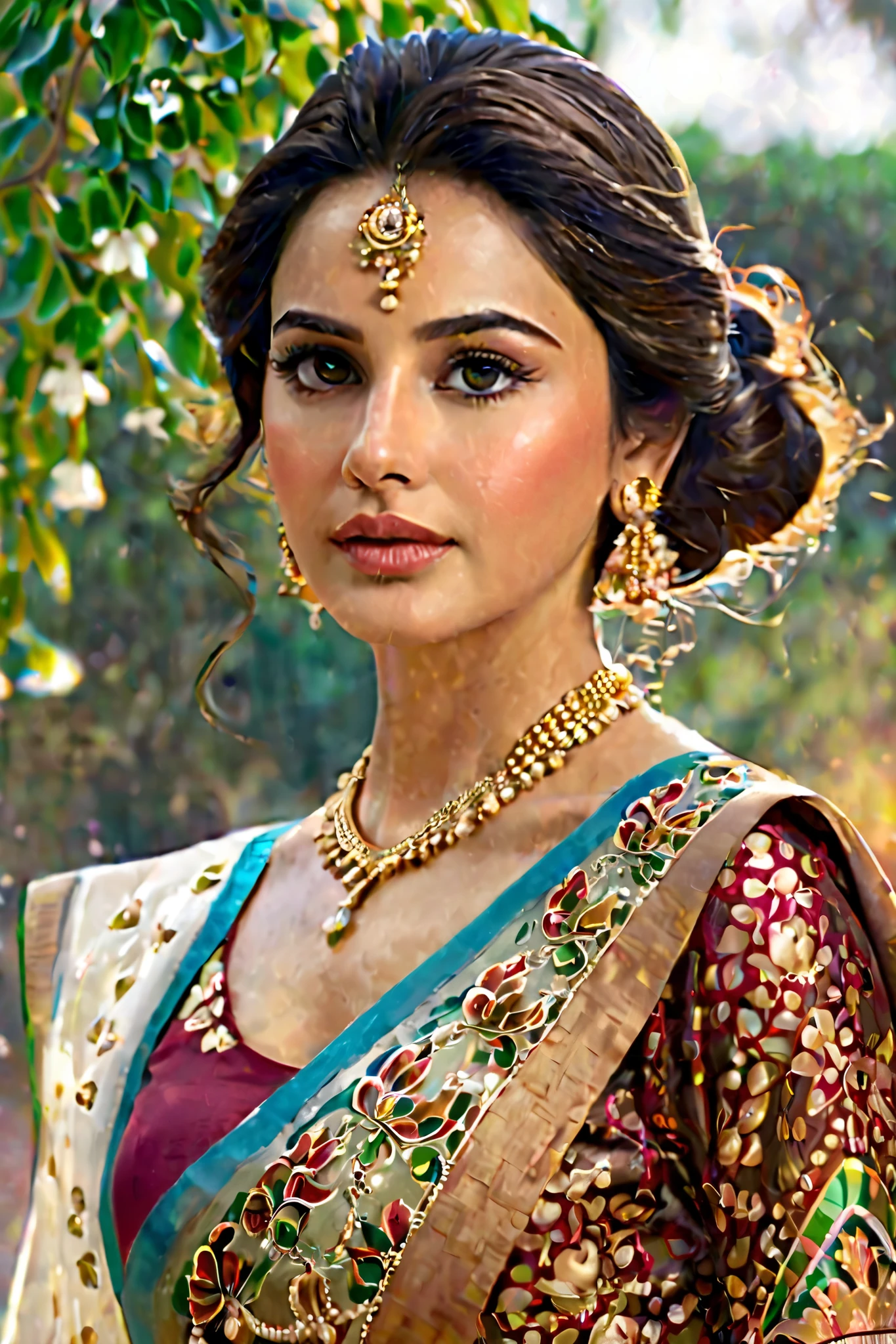 " Create a highly detailed full body image of queen leonor, (must be full body)whose Face Shape must be Oval, with a slightly longer length than width, giving her an elegant and symmetrical appearance, Balanced forehead, cheekbones, and jawline, contributing to a harmonious look.
Forehead ,Smooth and slightly wide, with a gentle slope.Often complemented by a natural, subtle glow,Eyes must be Almond-shaped, expressive, and slightly upturned at the outer corners, eye Color will beLight blue or grayish-blue, adding a striking contrast to her overall features.
Eye Brows will be Well-defined and slightly arched, framing her eyes beautifully,Nose Shape Straight with a refined and narrow bridge, nose Tip Softly rounded, proportionate to her facial structure, Lips Shape Naturally full, with a defined cupid’s bow. lips Usually light pink or a natural tone, often seen with minimal makeup,Cheekbones will be Prominent but not overly sharp, adding to her youthful and graceful look,Subtle contouring naturally enhances her cheeks,Jawline Well-defined but soft, tapering into a rounded chin.Chin Slightly pointed, adding length to her face,Skin Tone Fair with a natural, warm undertone. textures Smooth and radiant, often glowing in public appearances. She is dressed in a party morden saree outfit that blends high fashion . Her attire should include intricate, form-fitting materials, with a bold and sensual design that highlights her royal status.
Include some ornaments, gold accessories such as neck, ear, forehead, bally and Ring jewelry. Her hairstyle must be, open, Loose curls or soft waves, giving it a voluminous and elegant appearance,Center-parted, creating a symmetrical look,Smooth and well-maintained, with shiny, healthy strands, A natural light brown or golden brown with subtle warm undertones, Slightly lighter tones in some strands, adding depth and dimension, Long, extending below the chest area,Subtle, long layers to enhance the waves, standing under a tree