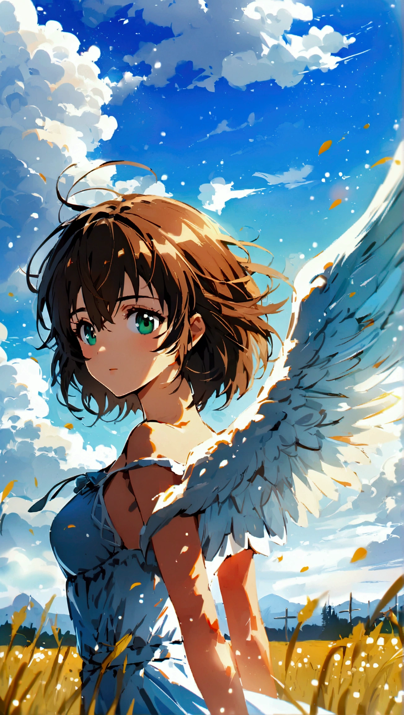 Mana Kirishima, brown hair, green eyes, perfect eyes, hand perfect, Angel,  Angel Wings Looking at the spectator , rising to the blue sky ,  against the background of a mild day in the countryside.  high resolution.