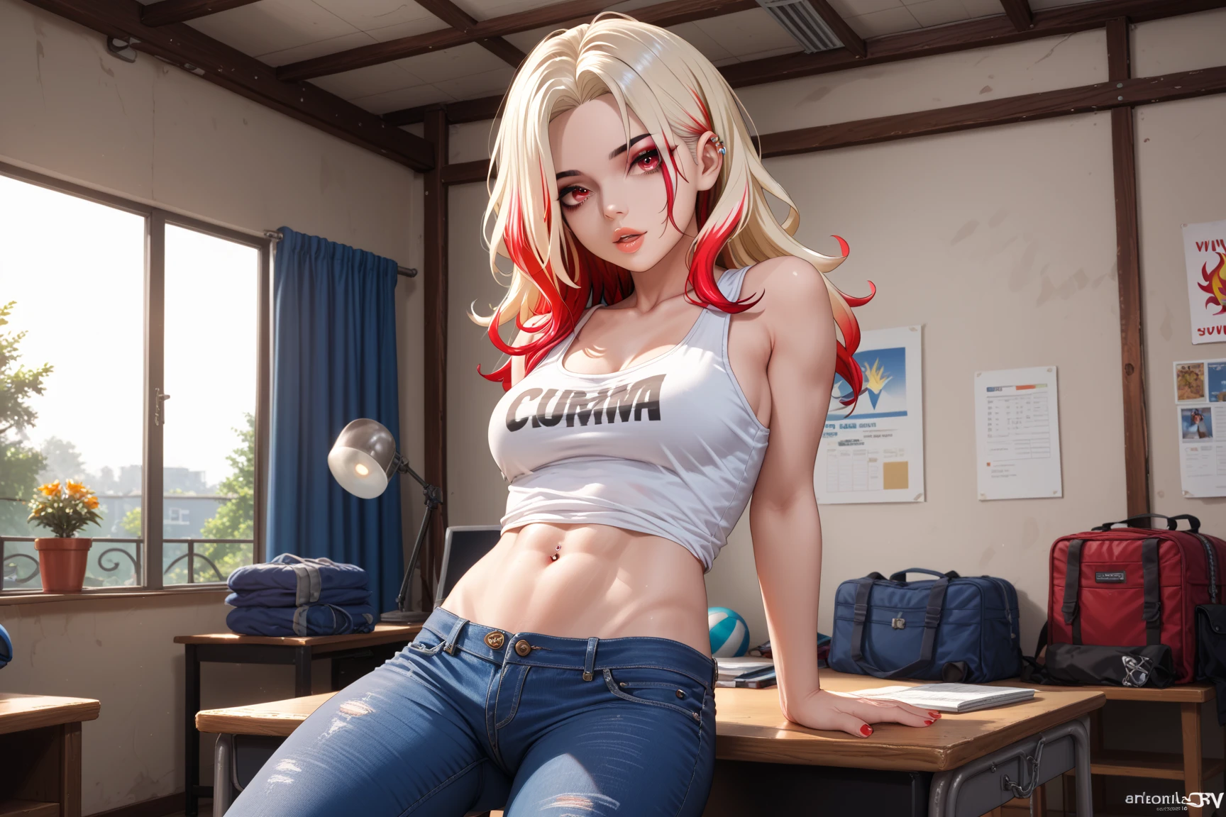 1girl, multicolored_hair, (blond_hair: 1.2), (red_hair_highlights: 1.5),  piercing_amber_eyes, wearing_a_black_tank_top_and_distressed_jeans, leaning_against_desk, flame_logo_on_tank_top, toned_arms_and_abs_visible, dorm_room_background_with_soft_lighting_and_scattered_belongings, focus_on_playful_and_charismatic_pose, masterpiece, 4K, perfect_face