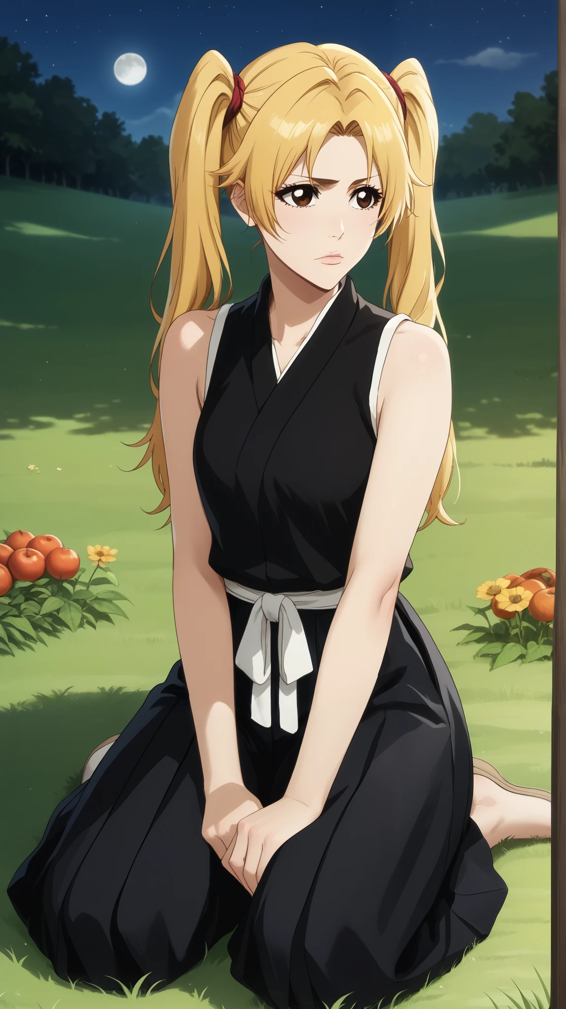 1 girl of fifteen years old  ,  young girl, One,   shinigami from the anime bleach  .
appearance:   brown eye  ,   long straight light yellow hair,   hairstyle with two blonde hair ponytails ,  tails behind the head  , black clothes шинигами, sensual lips,  closed mouth  ,  blond hair  ((black kosode  ,   sleeveless black hakama  , black clothes синигами, sleeveless)) black clothes,   black clothes  , black clothes синигами, (((  black clothes  ))) sits on the grass and eats persimmon ,  in her hand persimmon and the girl eats it, Night, moon, большая жëлтая moon за спиной девушки,   hair develops in the wind , white haori is draped over my shoulders
