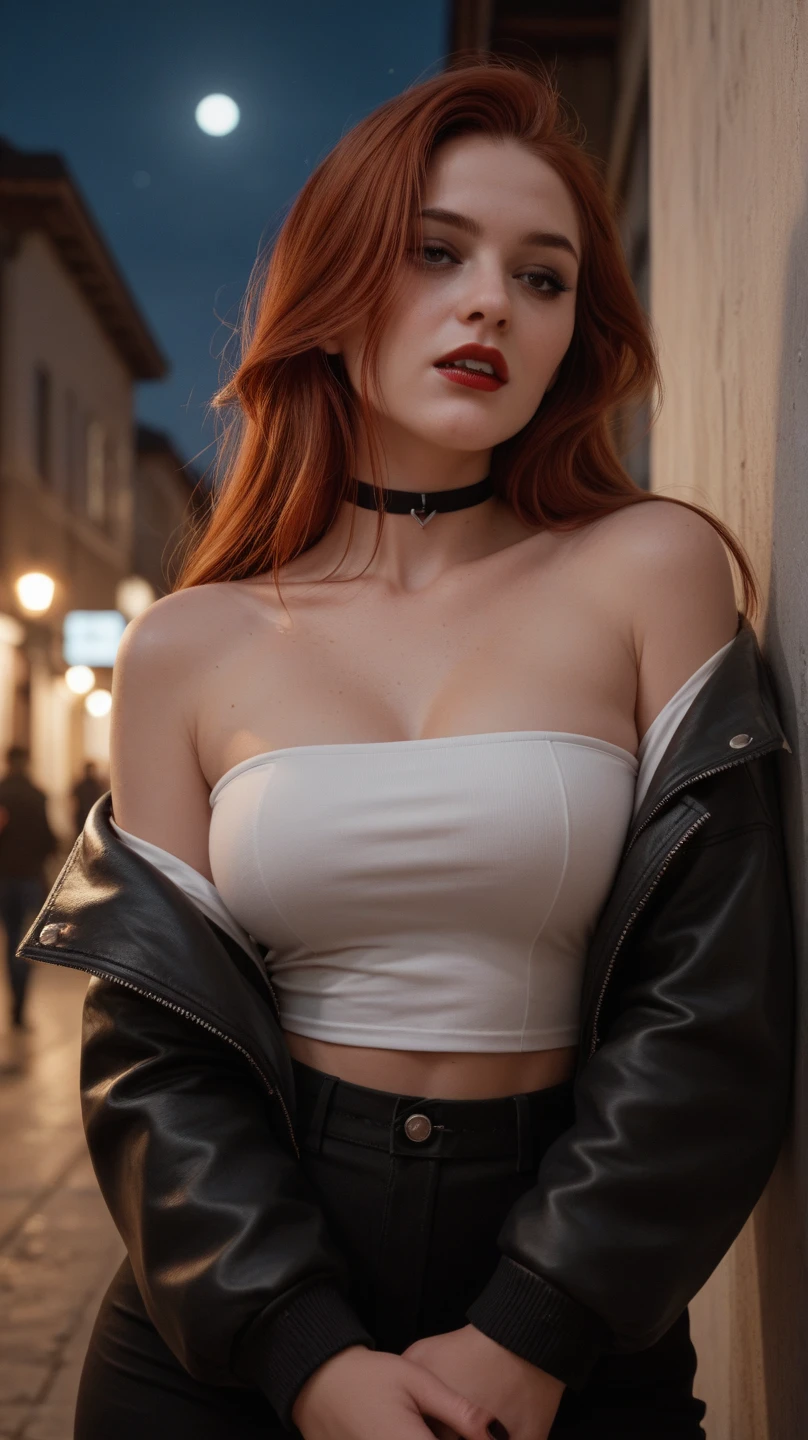 beautiful woman with red hair green eyes black lips with big breasts dressed in short shirt long black jacket with dragon necklace