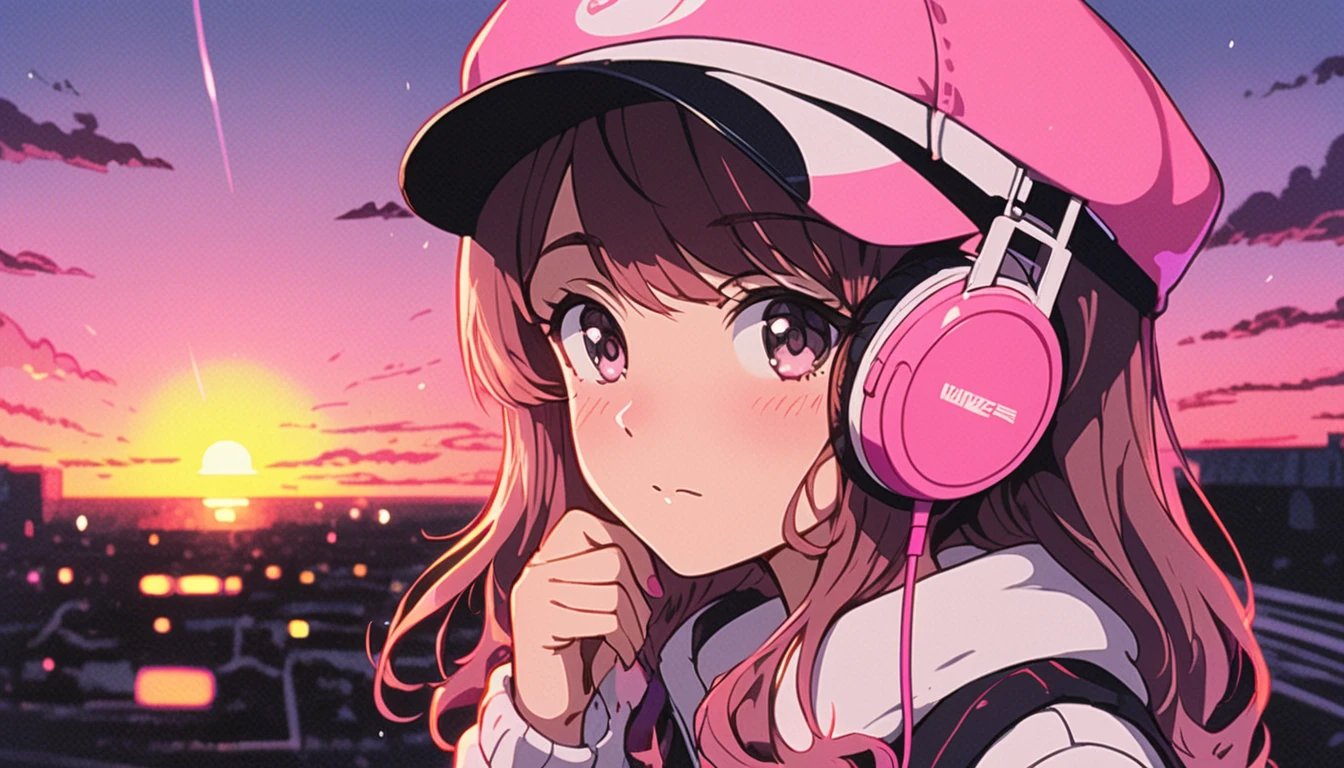 A woman wearing a cap, pink headphones and listening to music, with a beautiful sunset in the background, a sad face,grainy filter, retro lens, in style of 80s anime