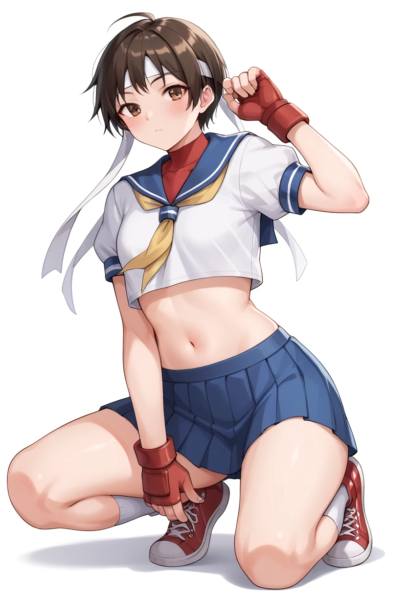 sakura kasugano, brown eyes, brown hair, short hair,ankle socks, blue skirt, crop top, headband, midriff, miniskirt, navel, sailor collar, school uniform, shoes, short sleeves, skirt, sneakers, socks, stomach, shirt, white shirt, white headband, gloves, red gloves, レイプ