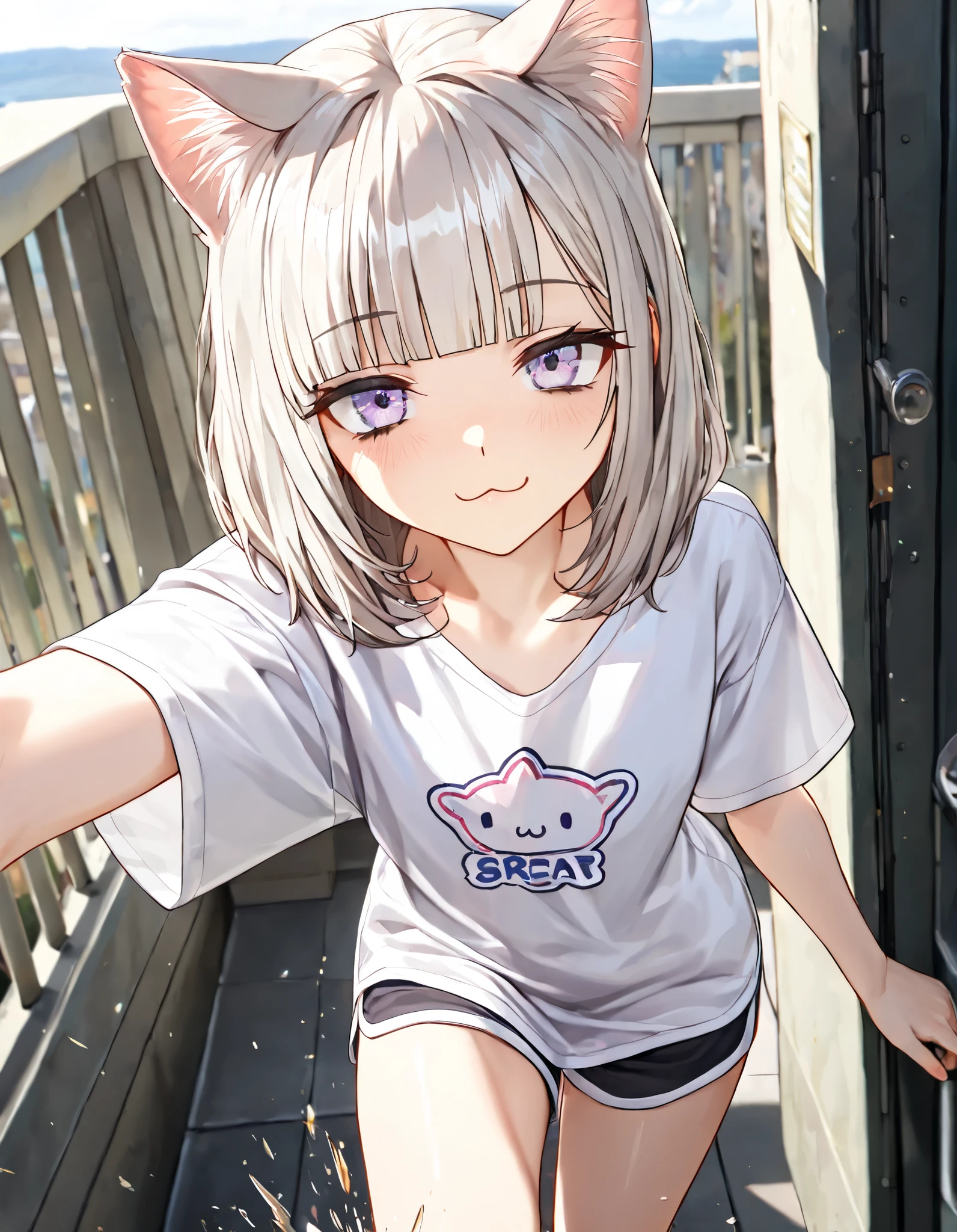 ((Masterpiece)), ((best quality)), (8K), (wide shot), sidelighting, (detailed background:1.2), (super detail:1.2),(High Definition:1.3), (Professional Photography:1.2), (very aesthetic:1.2), (absurdres:1.2), (sharp focus), ((1girl)), (()), looking at viewer, cute teenage girl, (platinum-gold hair), (loose blunt bangs), (medium hair), slightly unruly hair, (put on cat ears), Healthy skin, small breast, (Healthy slim body), (:3), (pure smile), (cute cheeks), glossy lips, pouty lips, bags under the eyes, (lower eyelashes), BREAK, (oversized loose T-shirts), dolphin shorts, (pale purple eyes), (glitter eyes), loose arm up, View of the Gentle hills near the sea, ((kicking on the Gentle hills)),