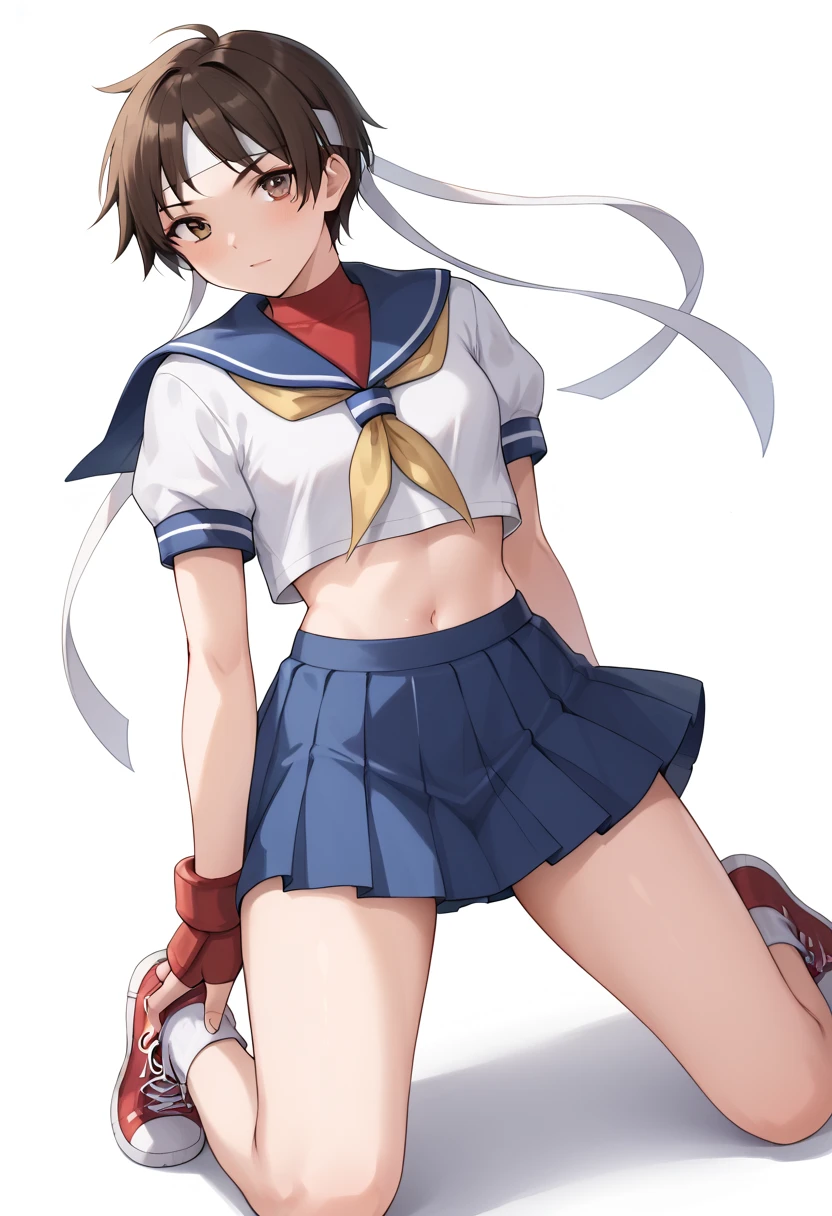 レイプ, sakura kasugano, brown eyes, brown hair, short hair,ankle socks, blue skirt, crop top, headband, midriff, miniskirt, navel, sailor collar, school uniform, shoes, short sleeves, skirt, sneakers, socks, stomach, shirt, white shirt, white headband, gloves, red gloves, レイプ