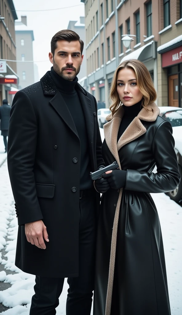 A dashing young Russian man and a stunning Russian woman, both FSB operatives, stand ready in a 3D ultra-realistic scene against the backdrop of a snowy urban street.

The man, tall and muscular, wears a dark, tailored winter coat over a high-neck sweater, exuding quiet authority. In his right hand, he grips a sleek black pistol with precision, his cold, focused gaze scanning the icy surroundings. His breath forms clouds in the frosty air, adding to his intense aura.

Beside him, the woman, with an athletic and elegant figure, dons a long, fur-lined winter coat that combines style with practicality. Her right hand firmly holds a compact pistol, her poised stance and piercing eyes reflecting both grace and readiness. Snowflakes fall softly around them, enhancing the dramatic tension of the scene, as they embody the calculated precision
