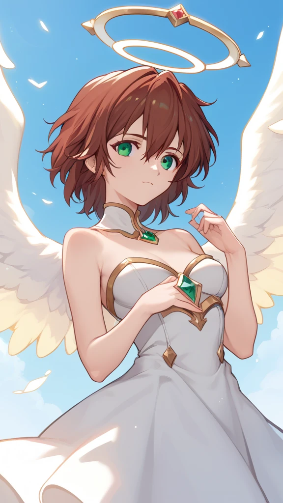 Mana Kirishima, brown hair, green eyes, perfect eyes, hand perfect, Angel, Aureola  de angel, Angel Wings Looking at the spectator , rising to the blue sky ,  against the background of a mild day in the countryside.  high resolution.