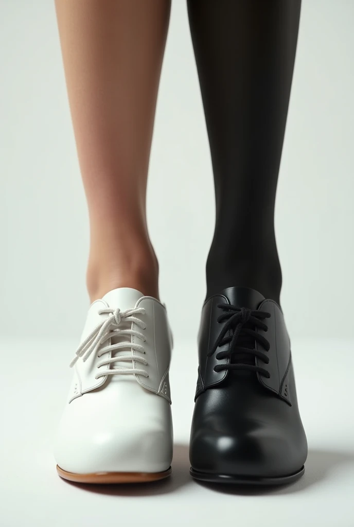 Create an image of a pair of female feet resting on a glass table. The feet are wearing white, calf-length knit socks with black elastic bands at the top. The socks are tucked into black, pointed-toe high-heeled shoes with “Prada” written on them in white. Below the feet is a white wooden floor. Next to the feet on the glass table is a chessboard with pieces set up for a game. To the left of the chessboard is a glass of wine. Combining casual socks with formal high-heeled shoes creates an interesting contrast and can suggest a fashion statement or an unconventional style choice. 8k. lor4.