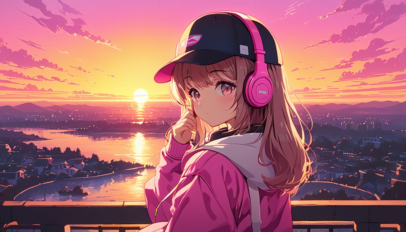 ( top quality 、masterpiece、 high res、 Details), A woman wearing a cap, pink headphones and listening to music, with a beautiful sunset in the background, A sad face,grainy filter, Retro lens , in style of 80s anime