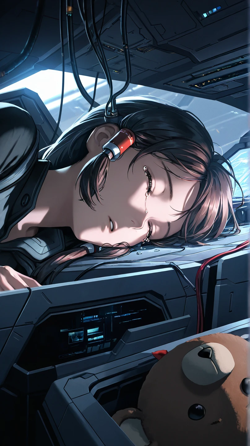 an unconscious woman, sleeping, tears, tubes, cables, spaceship cockpit, futuristic, dramatic lighting, close up, teddy beside woman