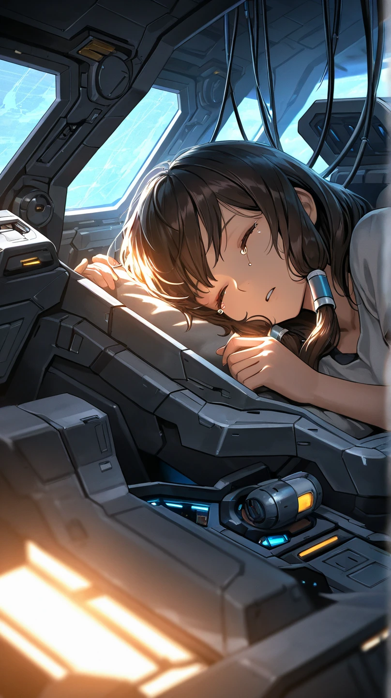 an unconscious woman, sleeping, tears, tubes and cables on body, spaceship cockpit, futuristic, dramatic lighting, close up, teddy beside woman