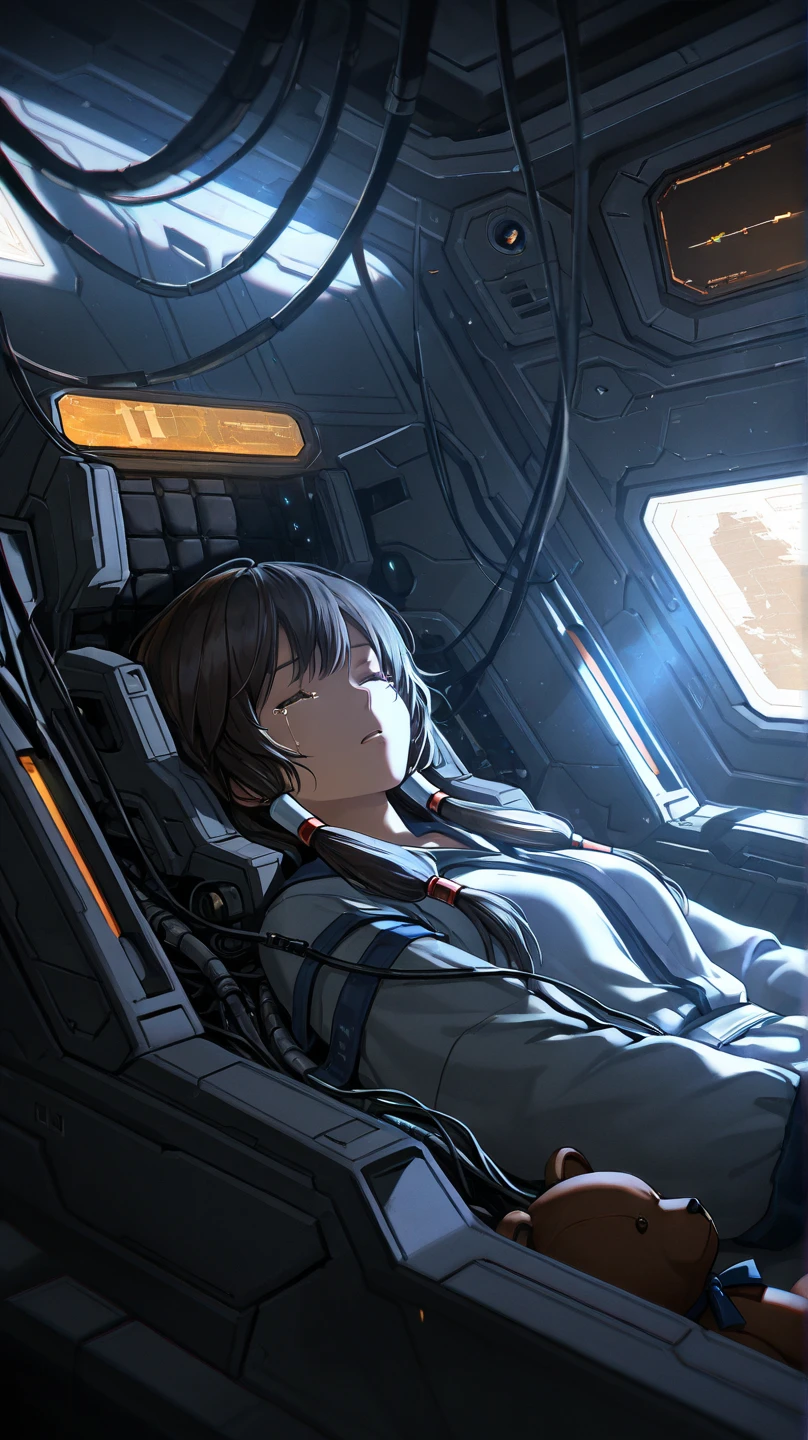 an unconscious woman, sleeping, tears, tubes, cables, spaceship cockpit, futuristic, dramatic lighting, close up, teddy beside woman