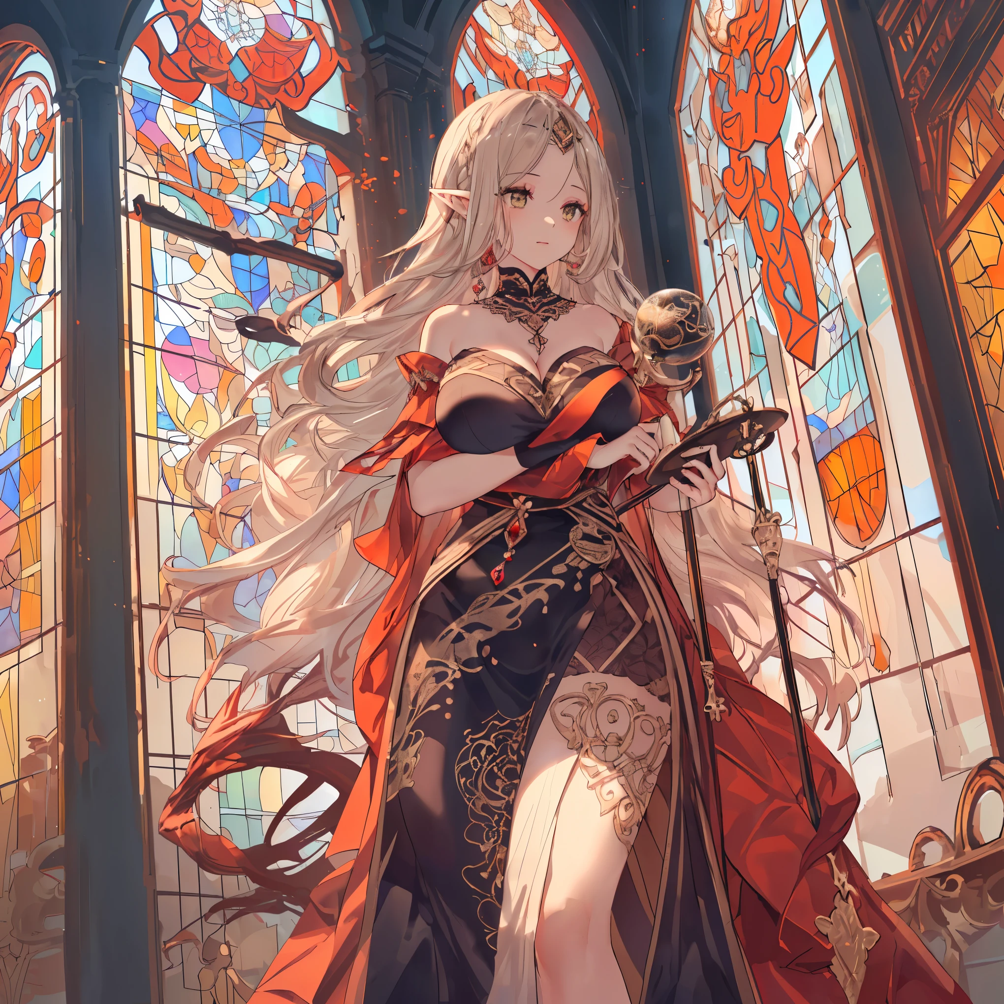 ((best quality)), ((masterpiece)), (detailed), 1girl, Character design, scholarly female, scholar, female scholar, educator, teacher, fortune teller, palm reader, astrology, astrological symbolism, star reading, celestrial theme, heavens, heavens above, constellations, dynamic poses, long white grey hair, grey white eyes, very skinny, detailed, best quality, no accesoires around the neck, no shoes, prominent collarbones, skinny arms, flat stomach, visible hip bones, full body, blank white background, plain background, white background, red and white clothing, Bloodborne inspired, occult aesthetic, occult, detailed and intricate steampunk and detailed gothic, NSFW, Fluttering lace flared long knee length dress with frilly petticoats, knee length dress, pleated petticoats, petticoats gothic, complex lace boots, gothic aesthetic, wielding a mighty sword with mechanical components, mandalas, small breasts, a fairy, various different types of insect wings, beetle wings, NSFW, full body, whole body, body, chains,